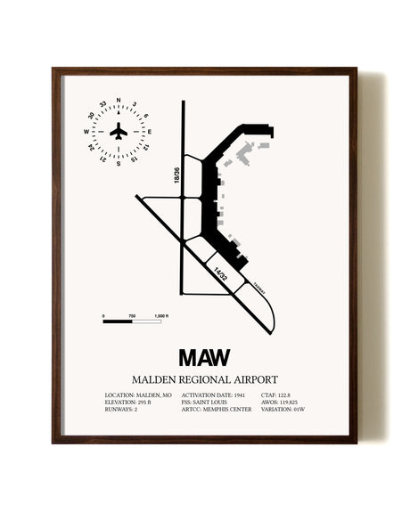 Malden Regional Airport aviation print in walnut frame