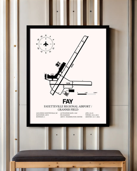 Fayetteville Regional Airport / Grannis Field framed poster displayed in an airplane hangar