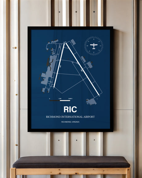 Richmond International Airport framed poster displayed in an airplane hangar