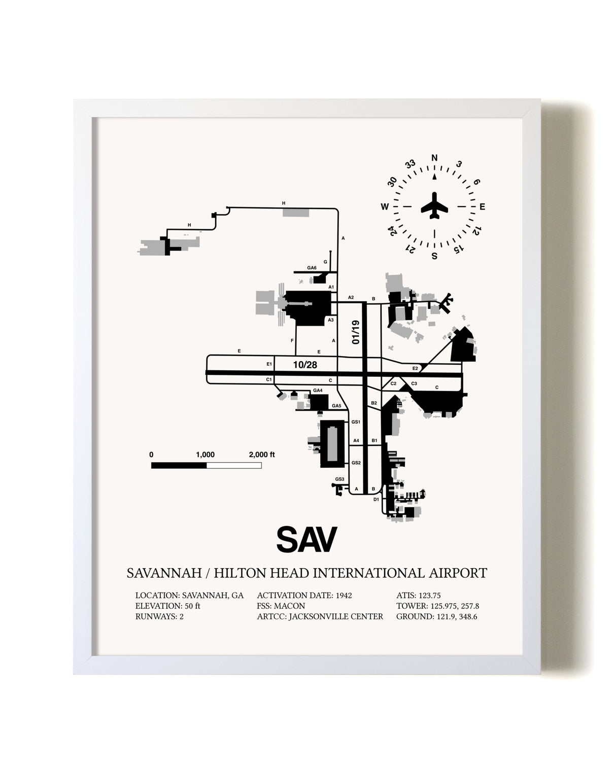 Savannah / Hilton Head International Airport airport map poster in oak frame