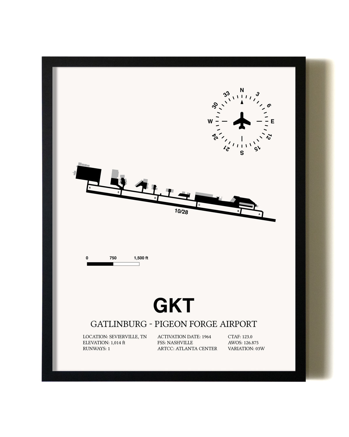 Framed Gatlinburg-Pigeon Forge Airport wall art poster in black frame