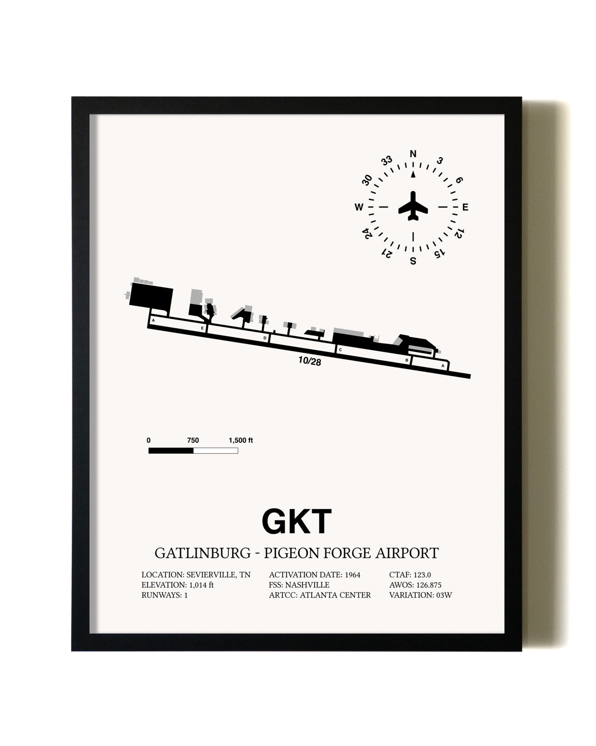 Framed Gatlinburg-Pigeon Forge Airport wall art poster in black frame