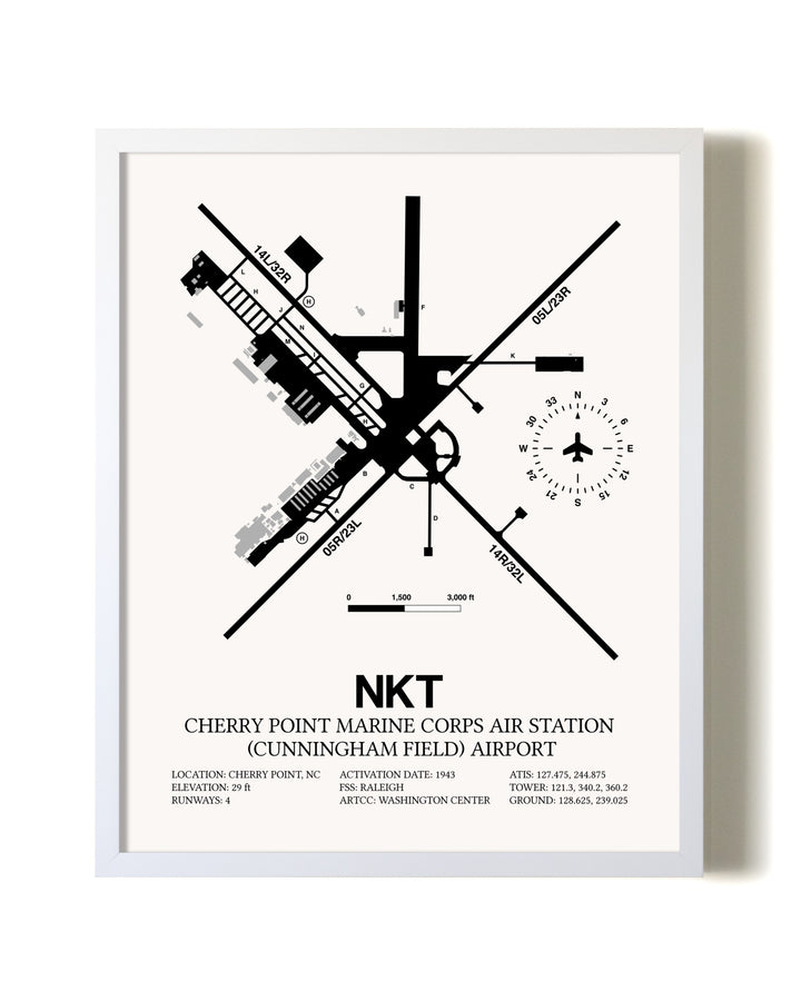 Cherry Point Marine Corps Air Station (Cunningham Field) Airport airport map poster in oak frame
