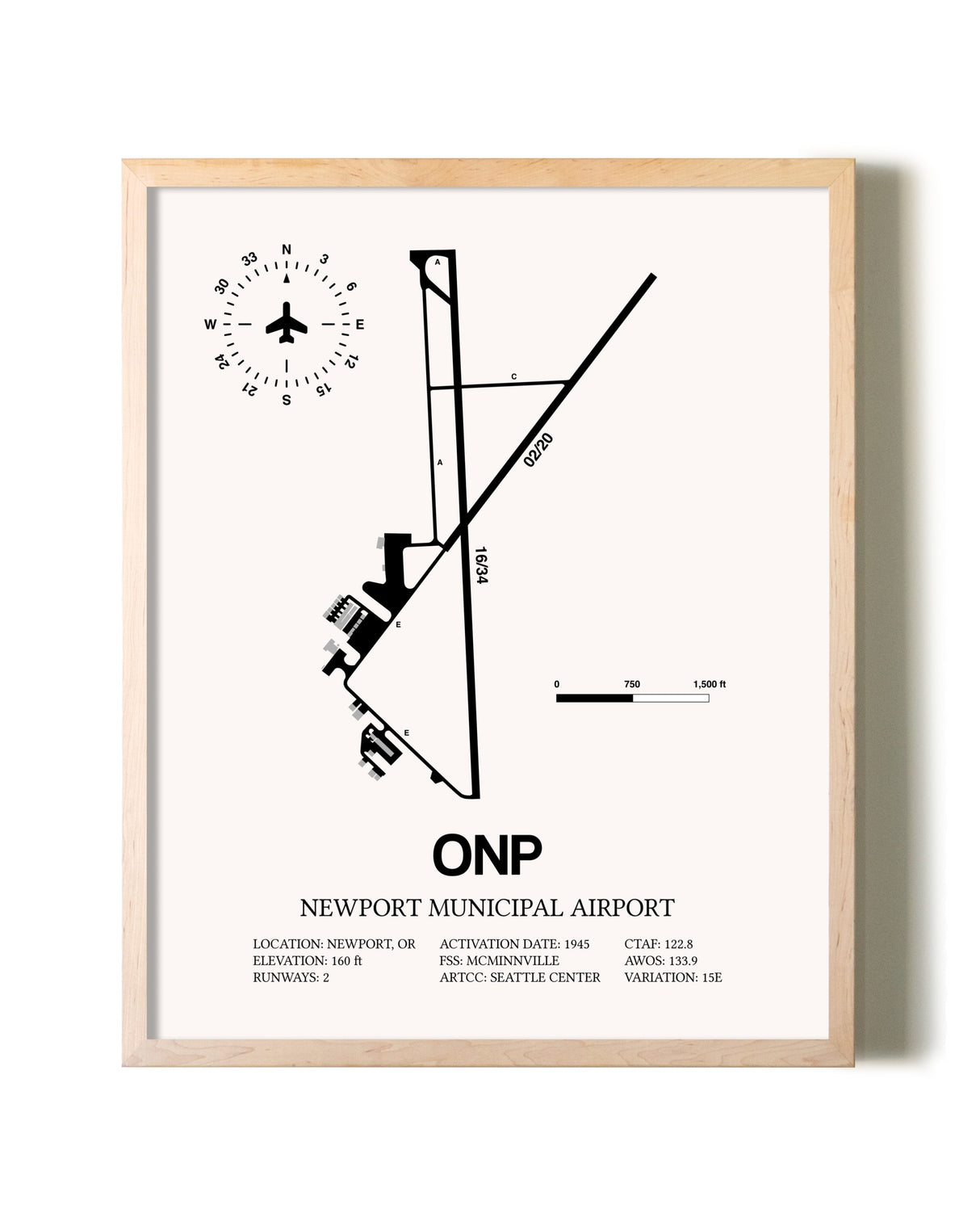 Newport Municipal Airport framed wall art in white frame