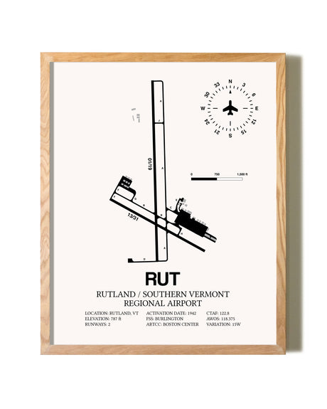 Rutland / Southern Vermont Regional Airport framed print in natural wood frame
