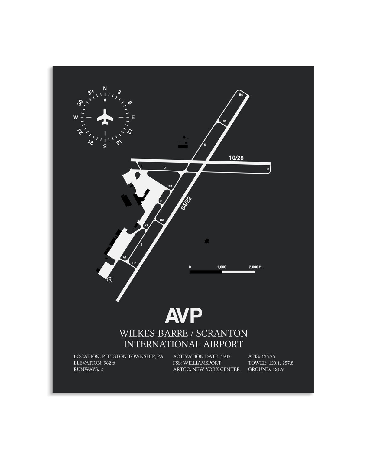 Gray Framed Wilkes-Barre / Scranton International Airport layout wall art poster