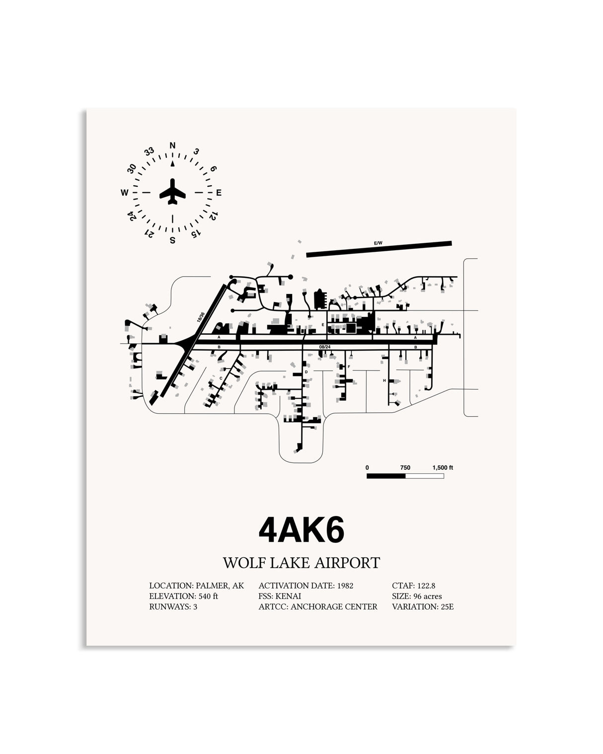 Gray Wolf Lake Airport framed poster displayed in an airplane hangar