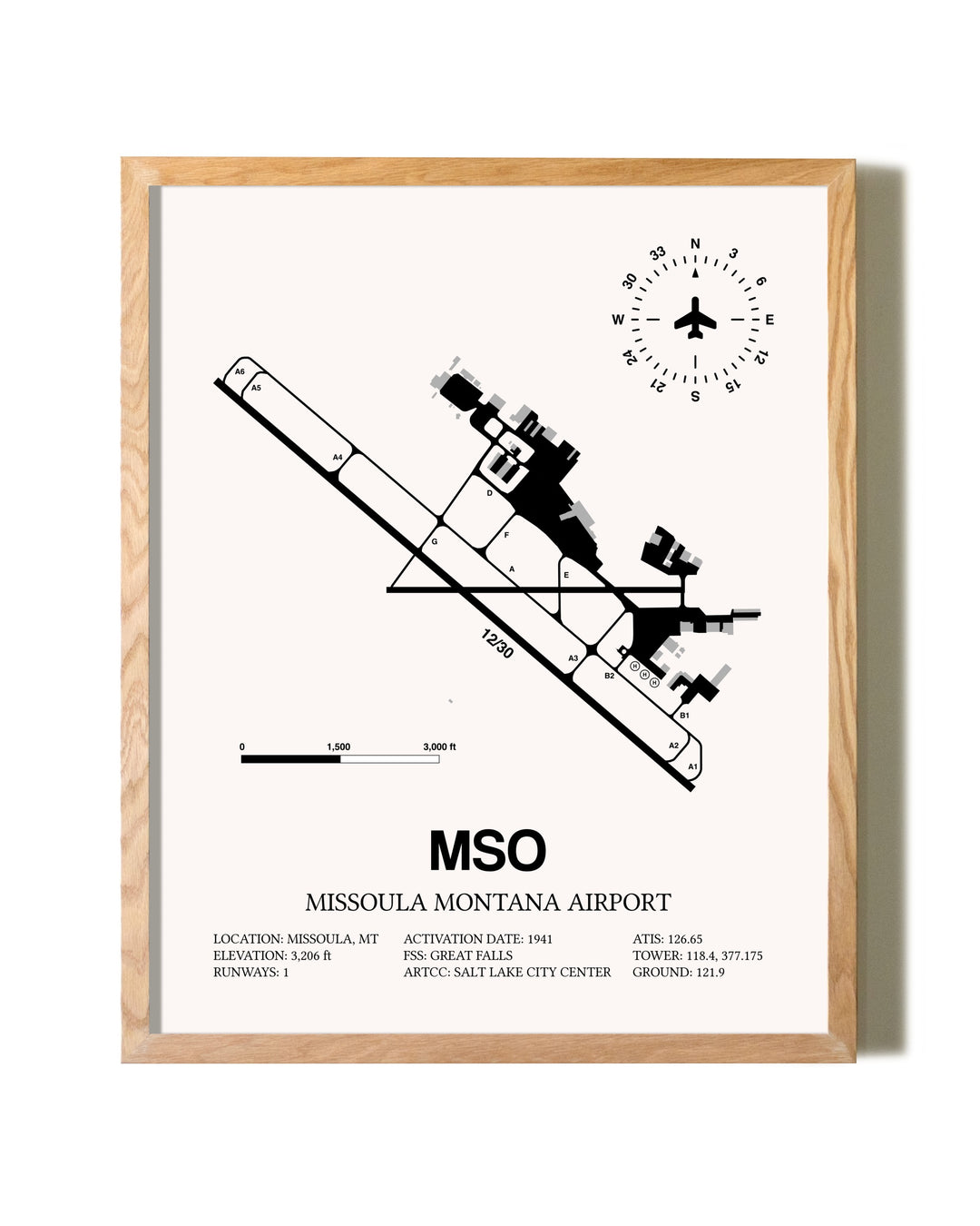 Missoula Montana Airport framed print in natural wood frame