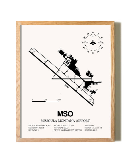 Missoula Montana Airport framed print in natural wood frame