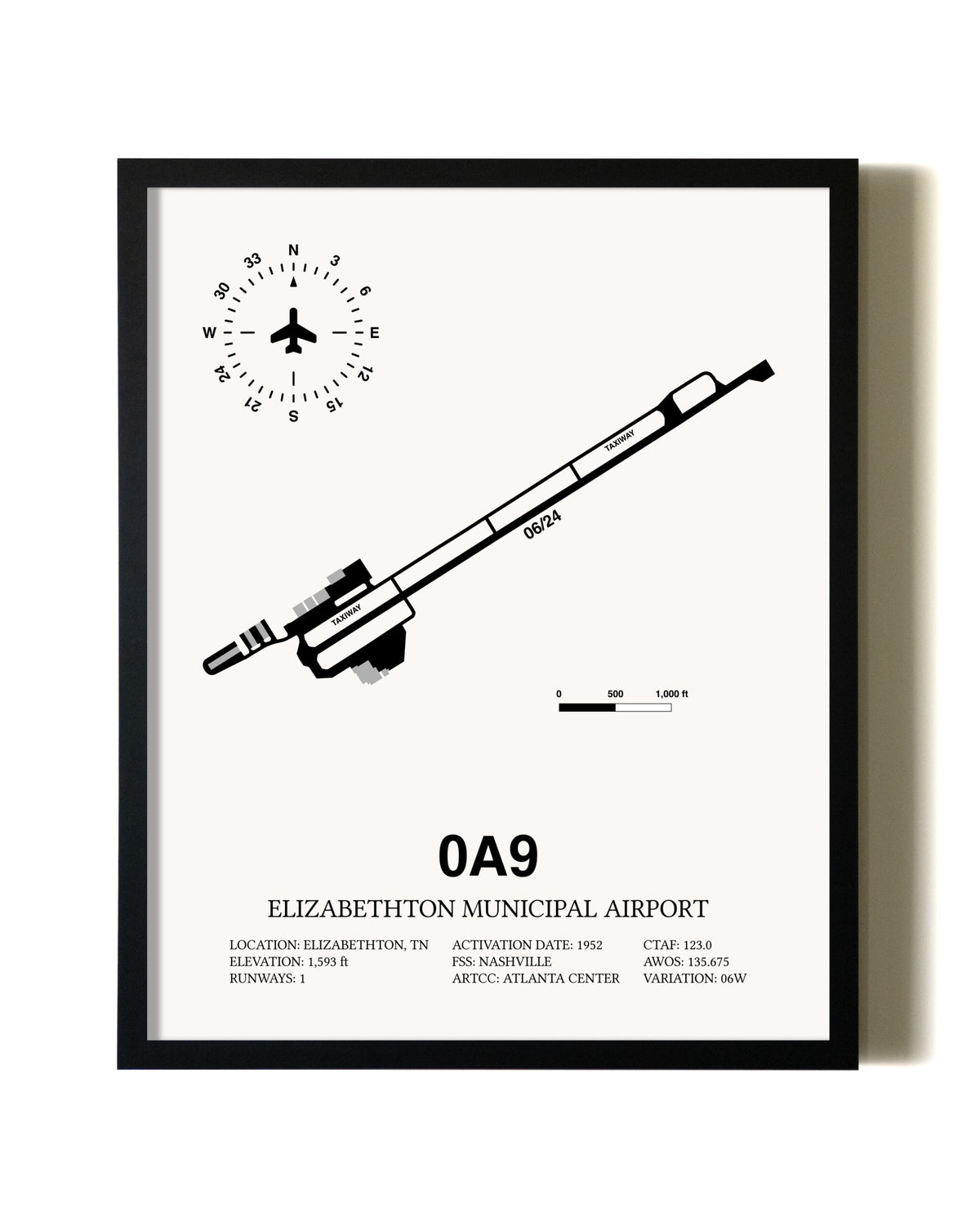 Framed Elizabethton Municipal Airport wall art poster in black frame