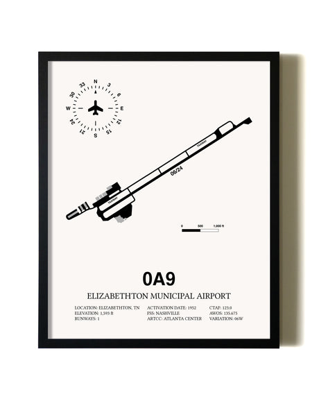 Framed Elizabethton Municipal Airport wall art poster in black frame