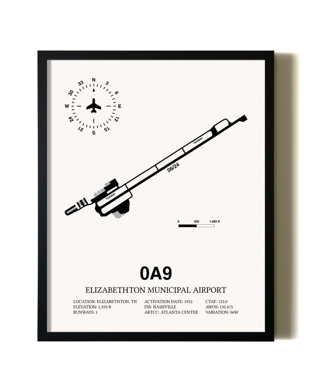Framed Elizabethton Municipal Airport wall art poster in black frame