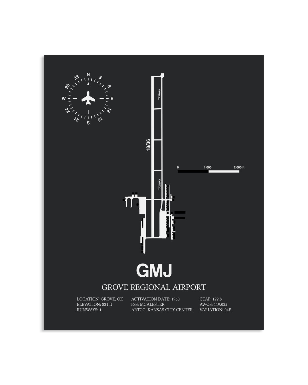 Gray Framed Grove Regional Airport layout wall art poster