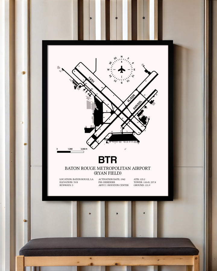 Baton Rouge Metropolitan Airport (Ryan Field) framed poster displayed in an airplane hangar