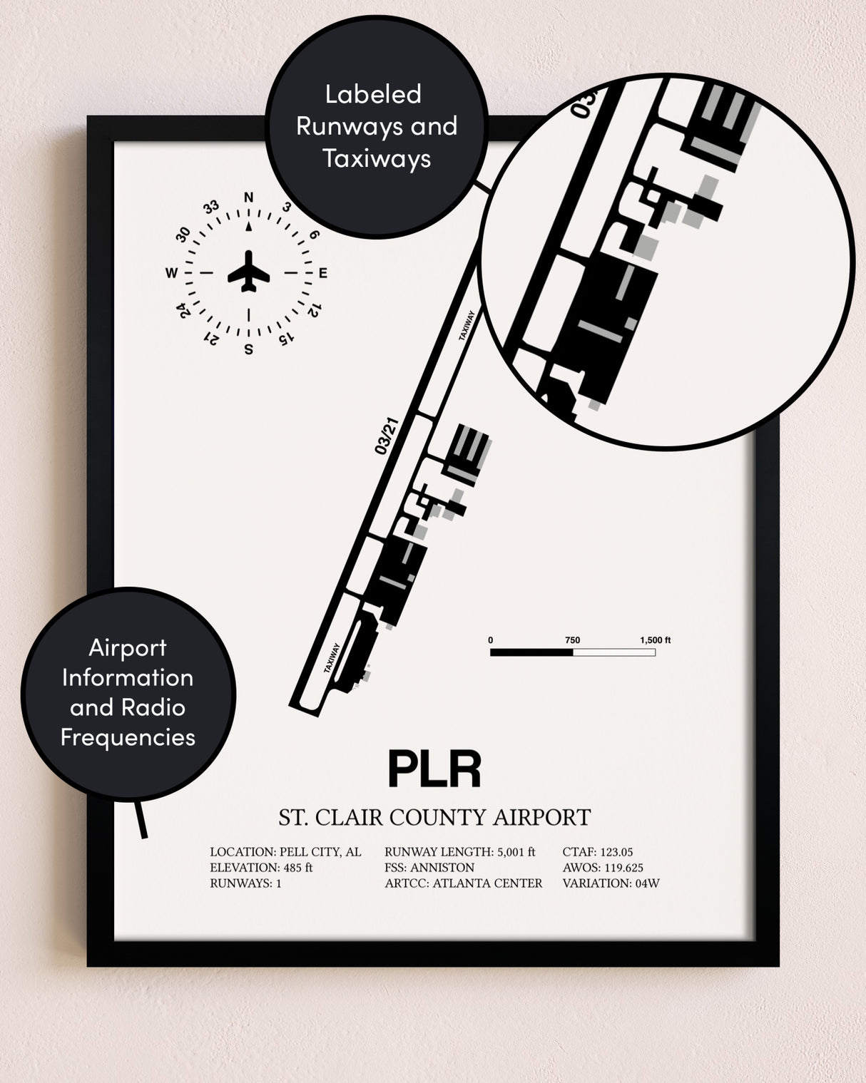 Framed St. Clair County Airport layout wall art poster