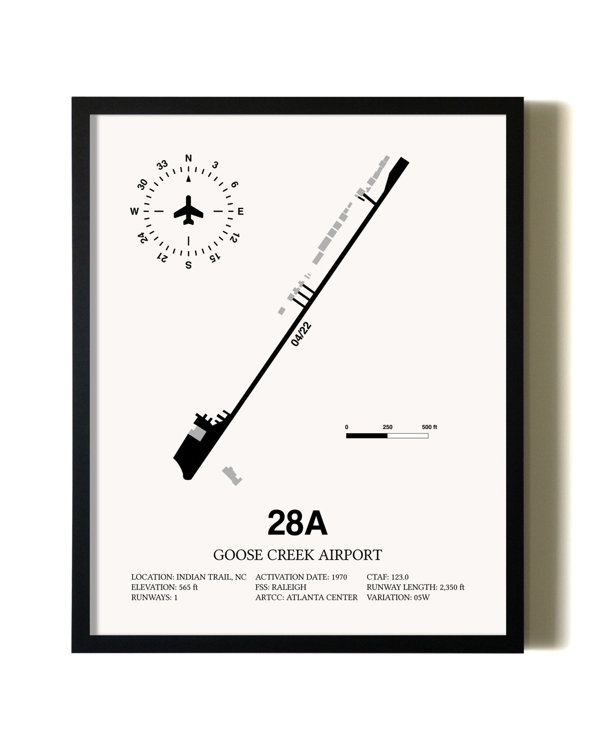 Framed Goose Creek Airport wall art poster in black frame