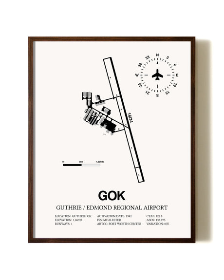 Guthrie / Edmond Regional Airport aviation print in walnut frame