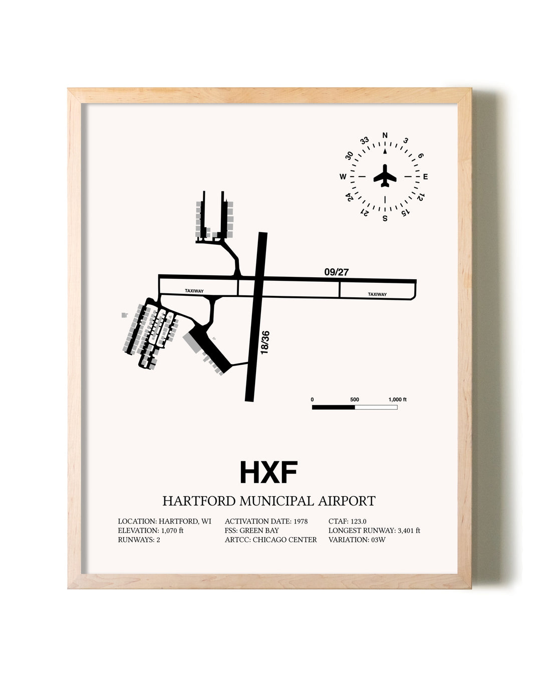 Hartford Municipal Airport framed wall art in white frame