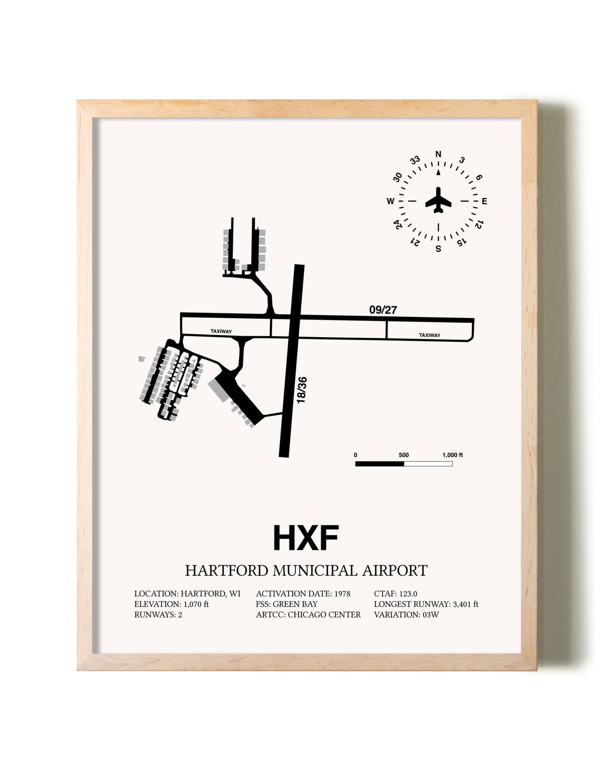 Hartford Municipal Airport framed wall art in white frame