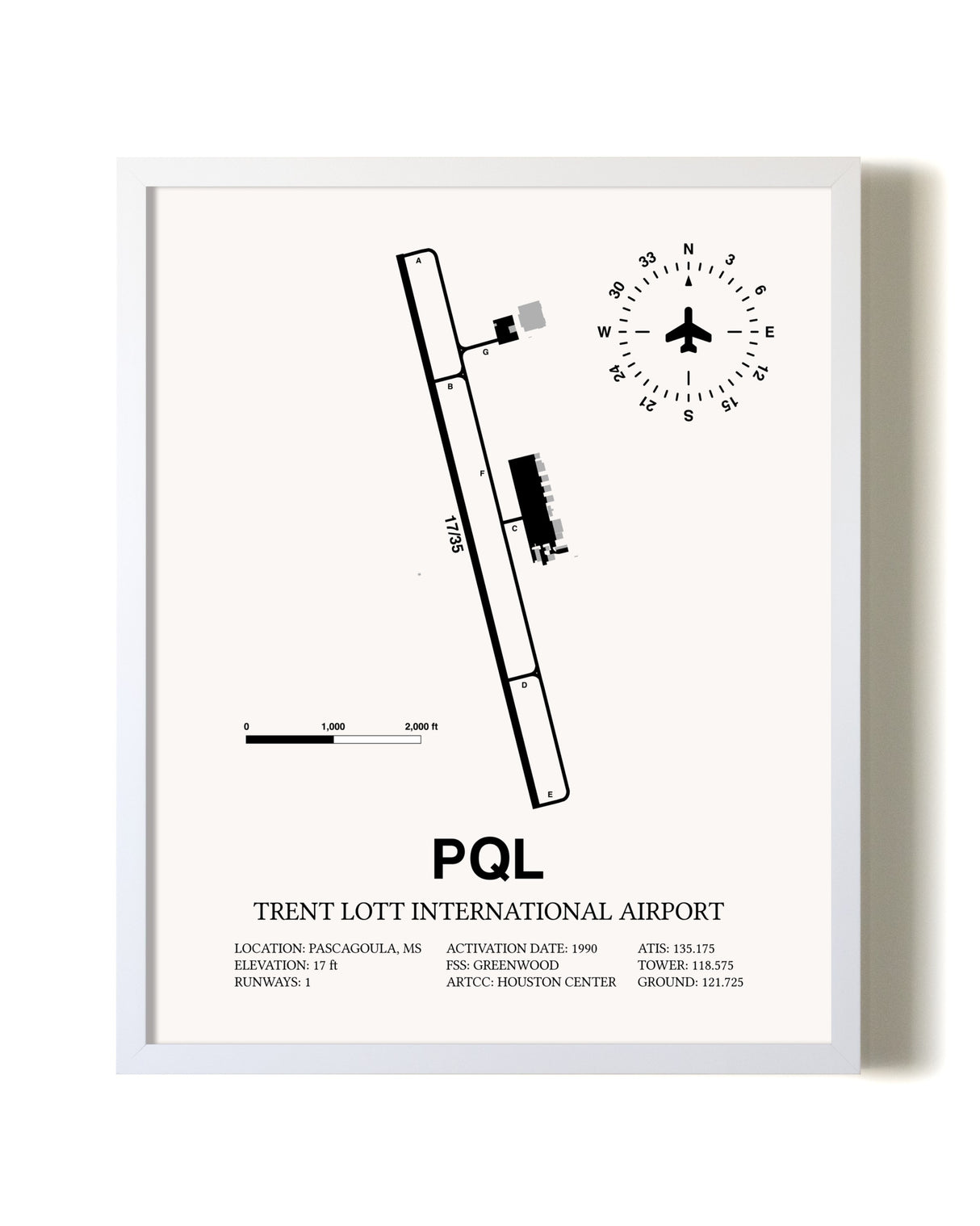 Trent Lott International Airport airport map poster in oak frame