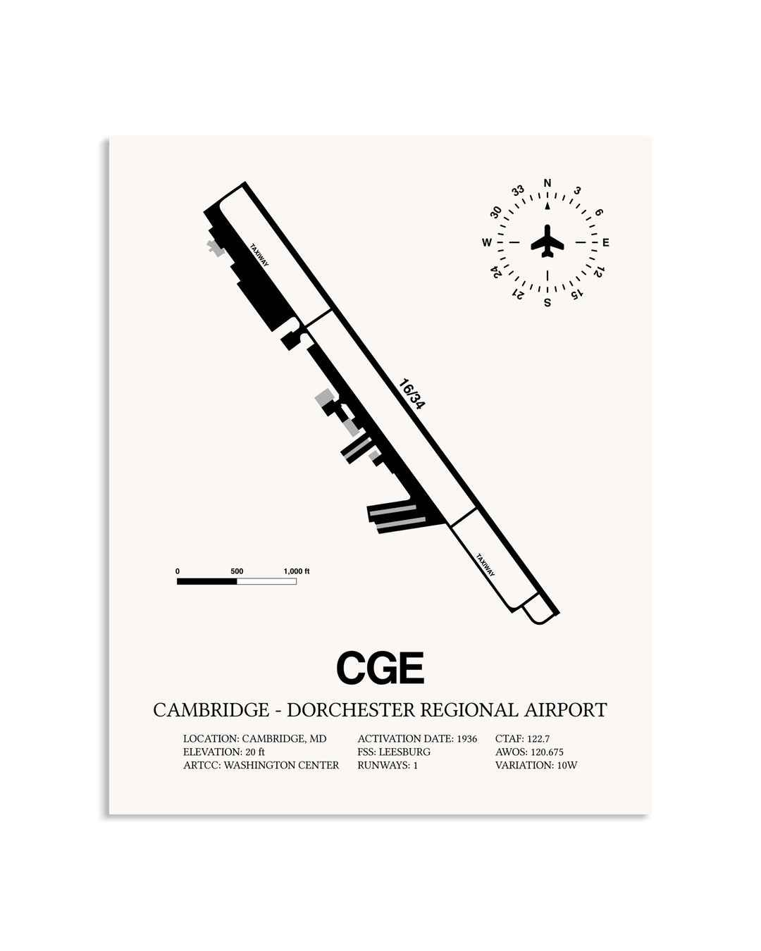 Gray Cambridge-Dorchester Regional Airport framed poster displayed in an airplane hangar