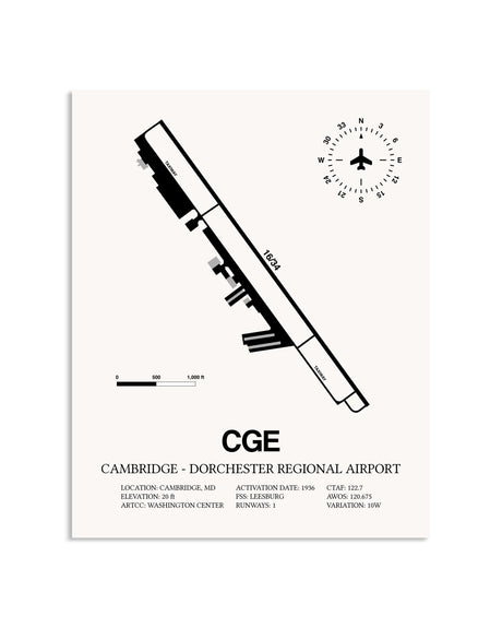 Gray Cambridge-Dorchester Regional Airport framed poster displayed in an airplane hangar