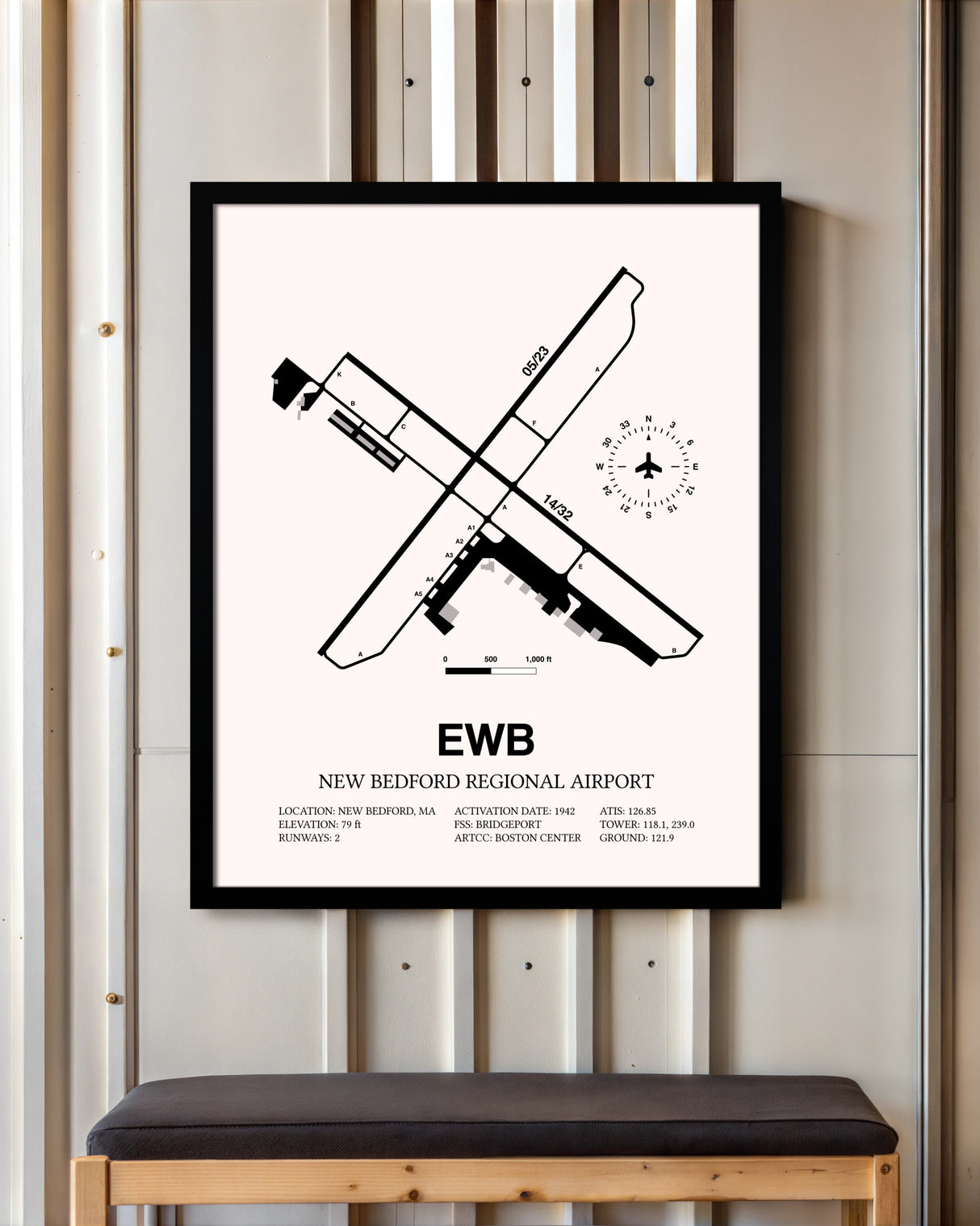 New Bedford Regional Airport framed poster displayed in an airplane hangar