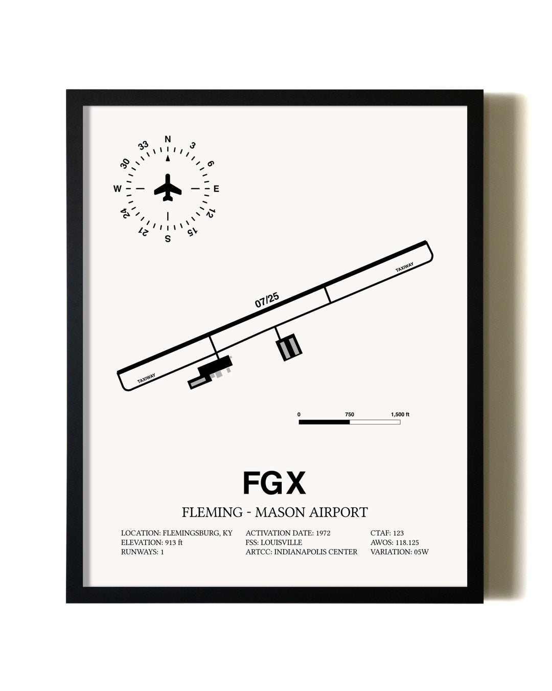 Framed Fleming-Mason Airport wall art poster in black frame