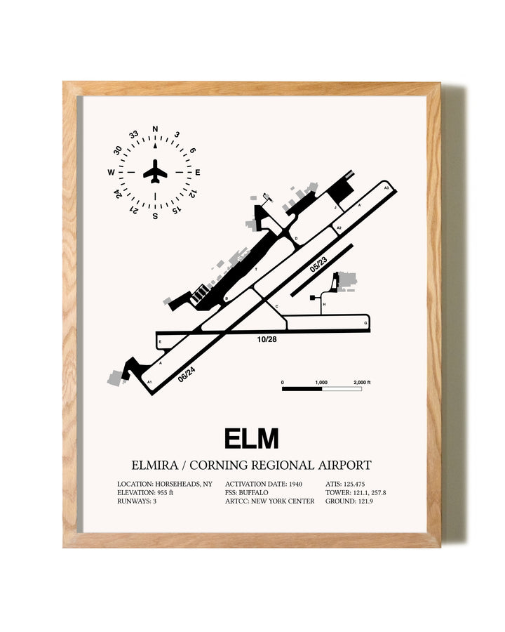 Elmira / Corning Regional Airport framed print in natural wood frame