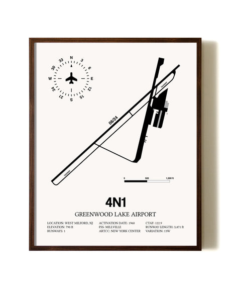 Greenwood Lake Airport aviation print in walnut frame