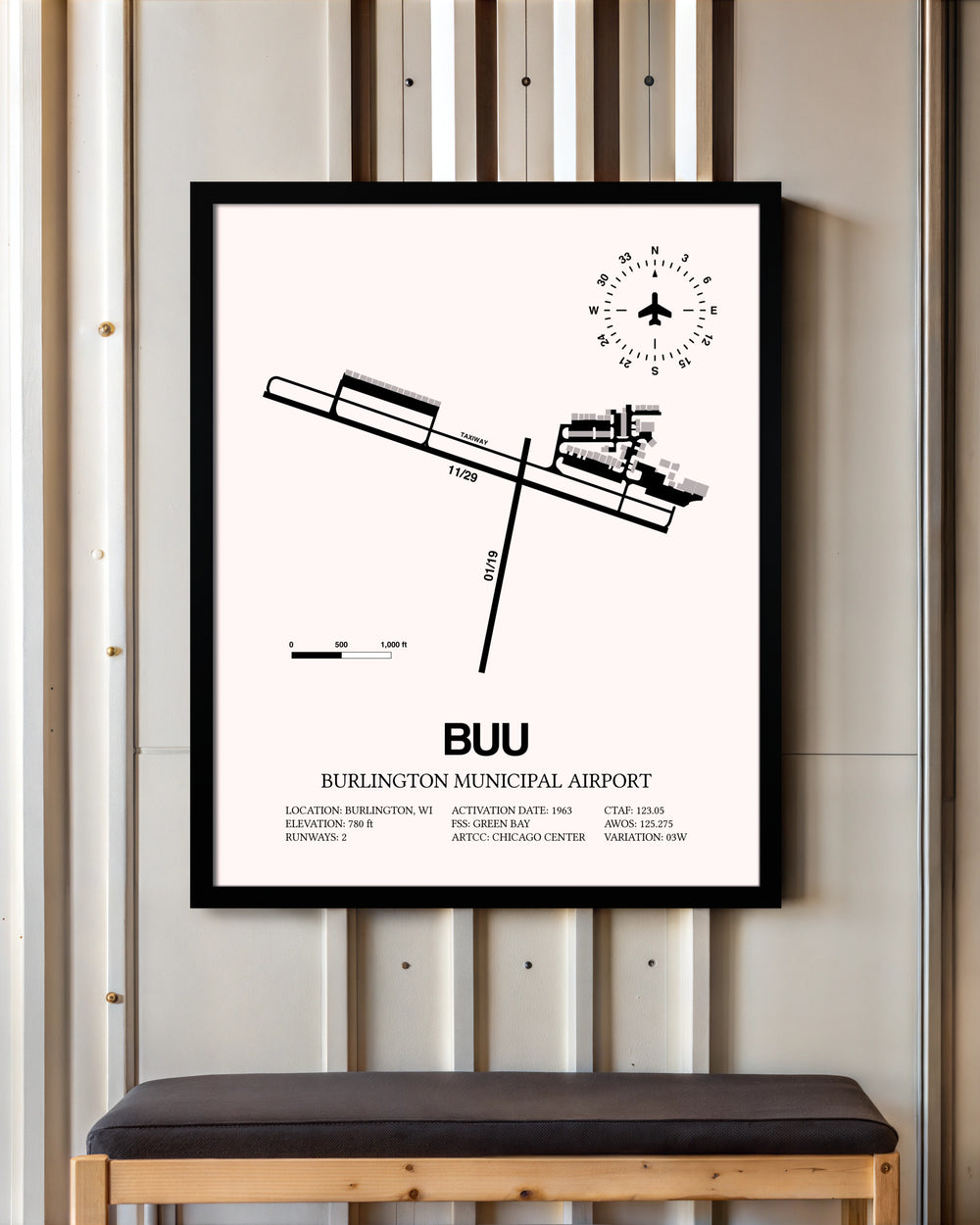 Burlington Municipal Airport framed poster displayed in an airplane hangar