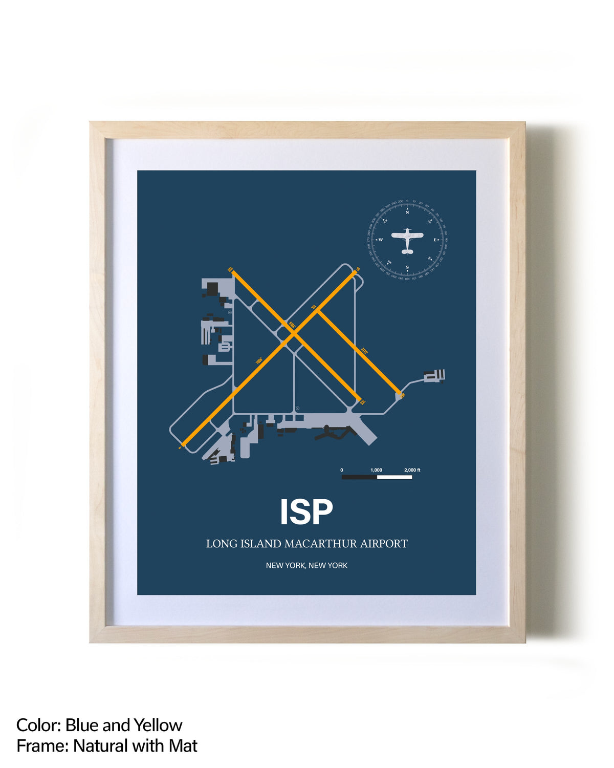 Long Island Mac Arthur Airport framed print in natural wood frame with mat