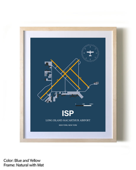 Long Island Mac Arthur Airport framed print in natural wood frame with mat