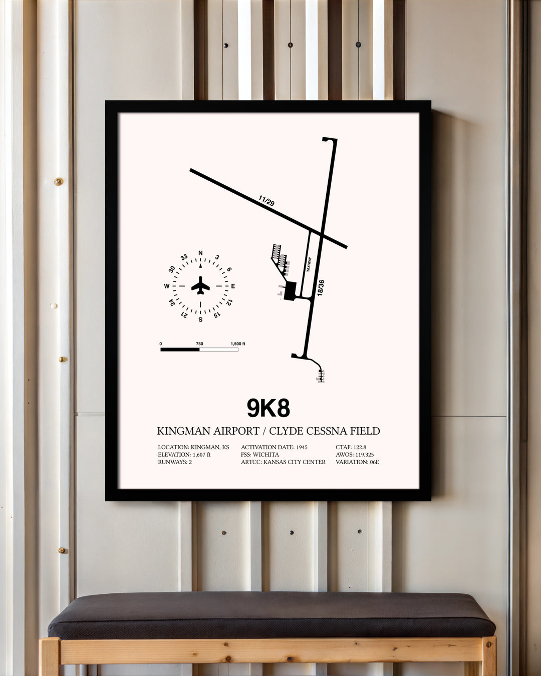 Kingman Airport / Clyde Cessna Field framed poster displayed in an airplane hangar
