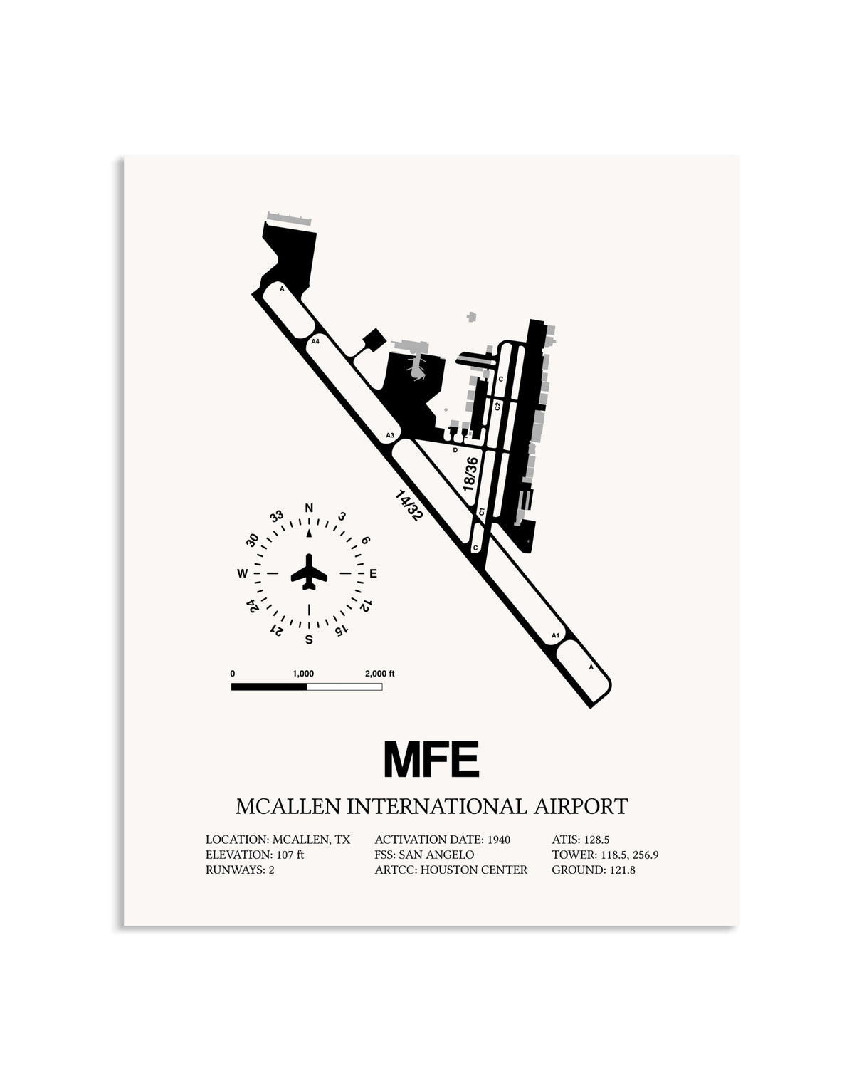 Gray McAllen International Airport framed poster displayed in an airplane hangar