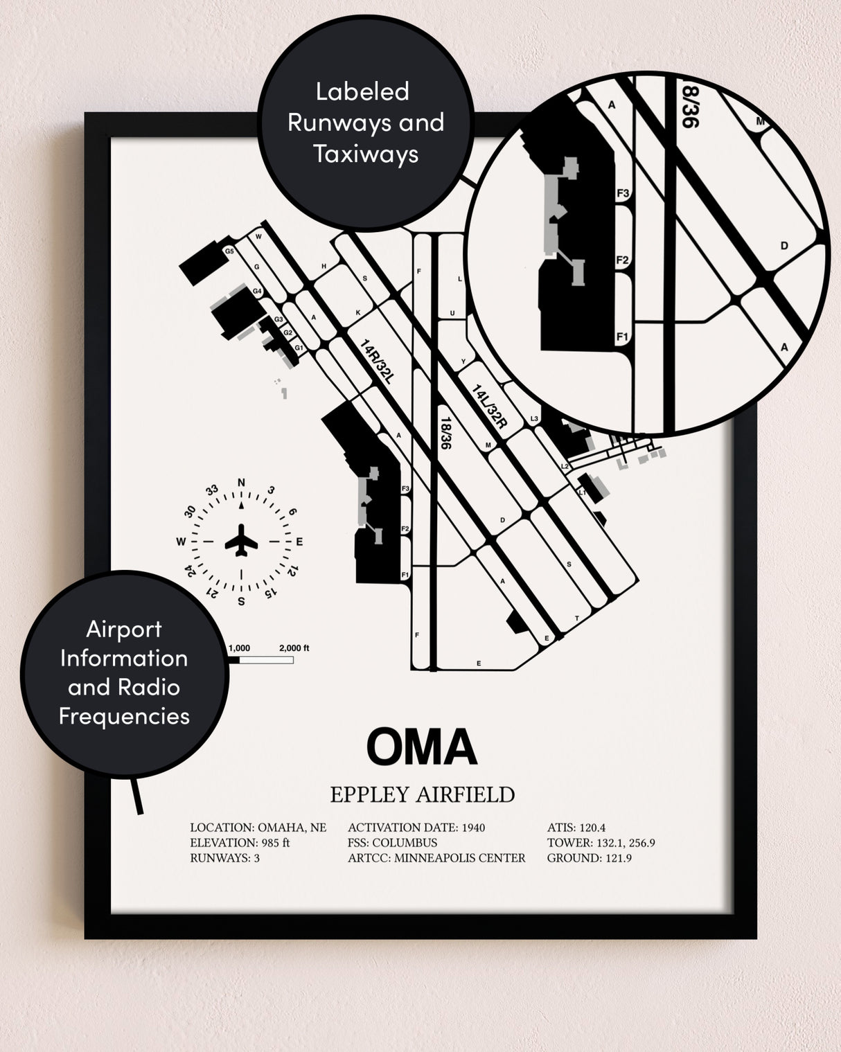 Framed Eppley Airfield layout wall art poster