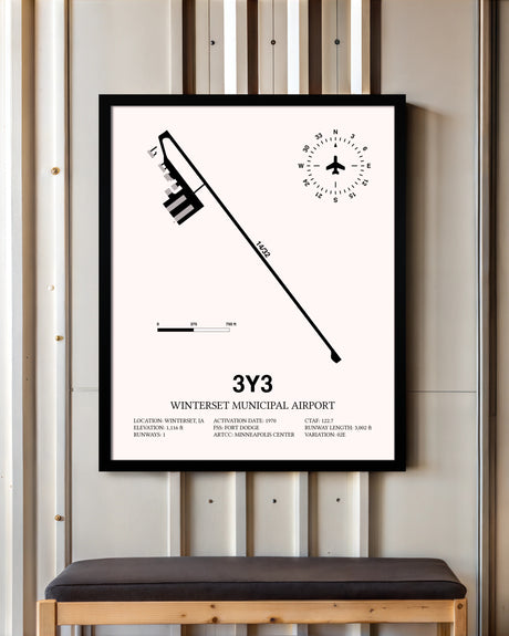 Winterset Municipal Airport framed poster displayed in an airplane hangar
