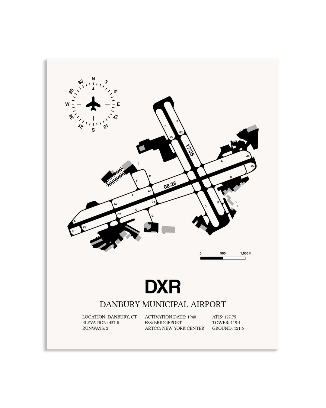 Gray Danbury Municipal Airport framed poster displayed in an airplane hangar