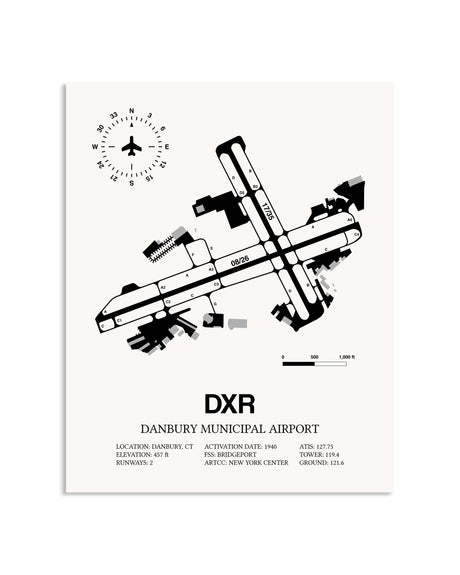 Gray Danbury Municipal Airport framed poster displayed in an airplane hangar