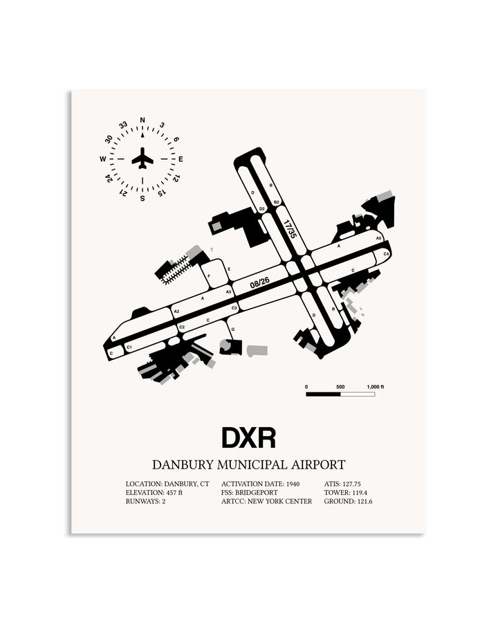Gray Danbury Municipal Airport framed poster displayed in an airplane hangar