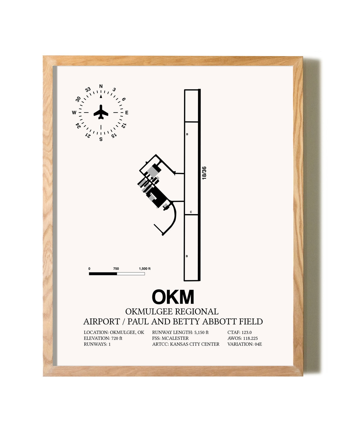 Okmulgee Regional Airport / Paul And Betty Abbott Field framed print in natural wood frame