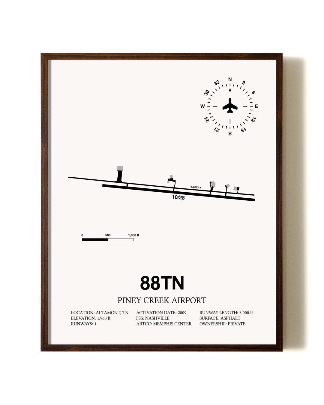 Piney Creek Airport aviation print in walnut frame