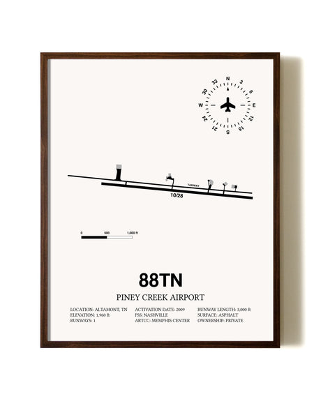 Piney Creek Airport aviation print in walnut frame