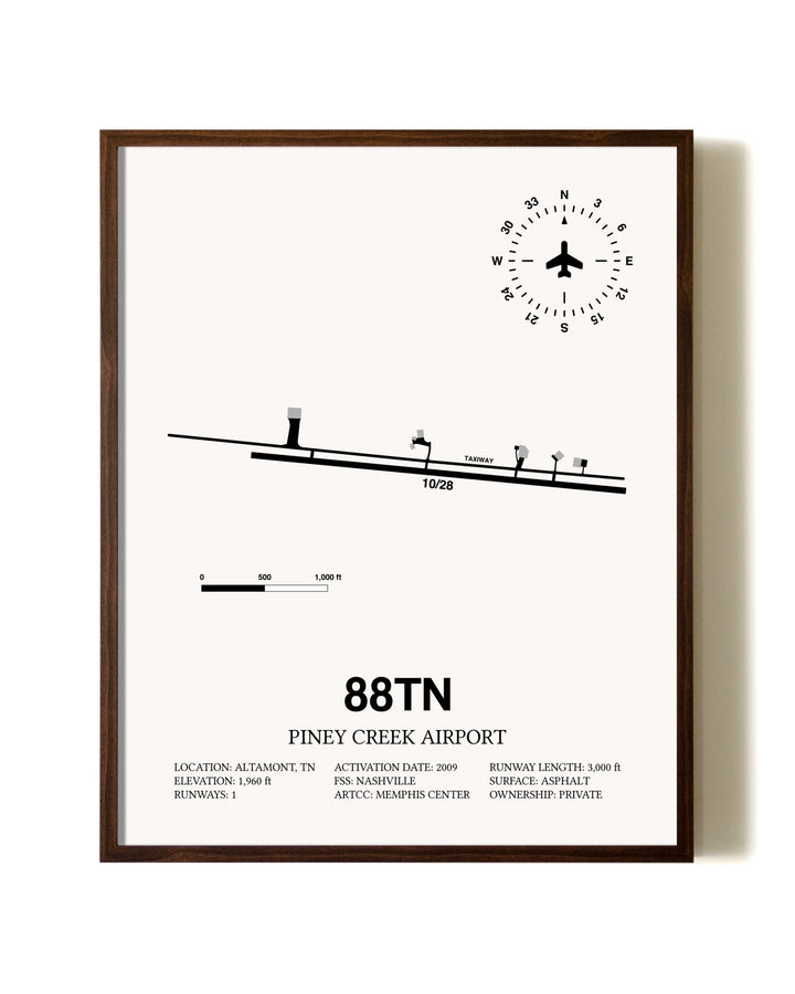 Piney Creek Airport aviation print in walnut frame