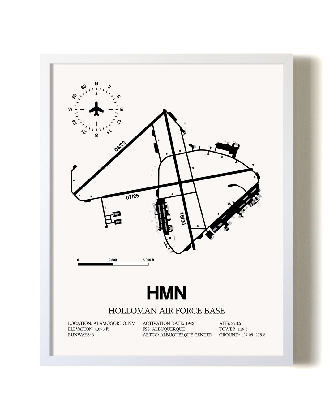 Holloman Air Force Base airport map poster in oak frame