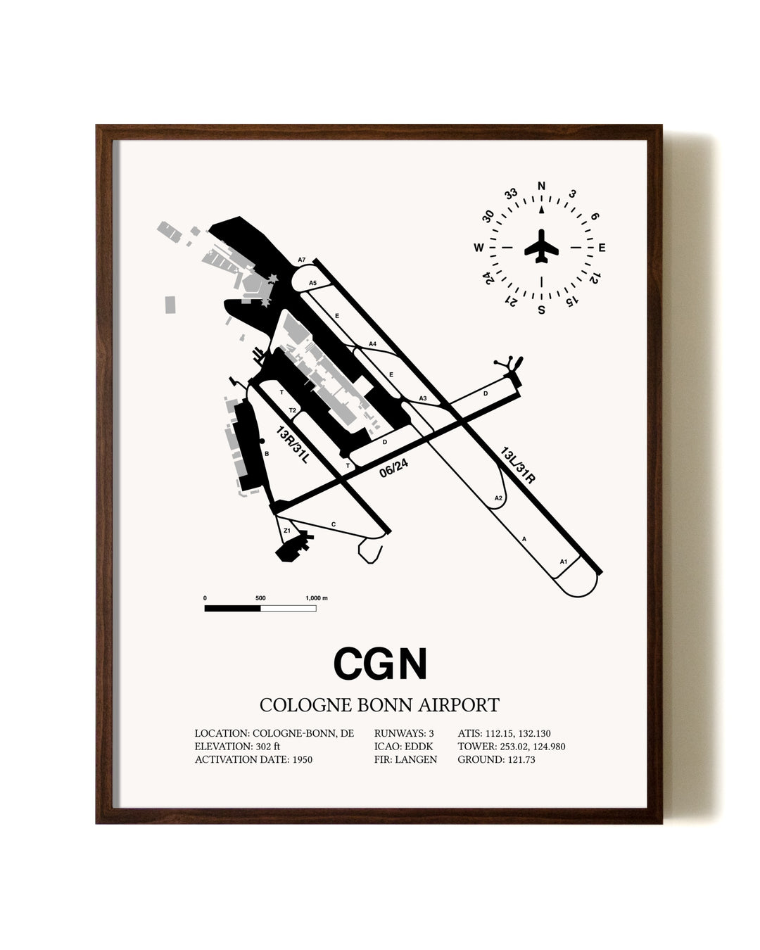 Cologne Bonn Airport aviation print in walnut frame