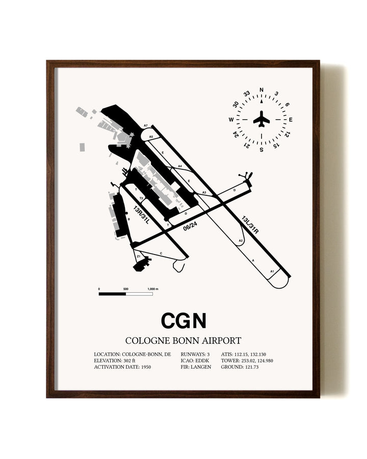Cologne Bonn Airport aviation print in walnut frame