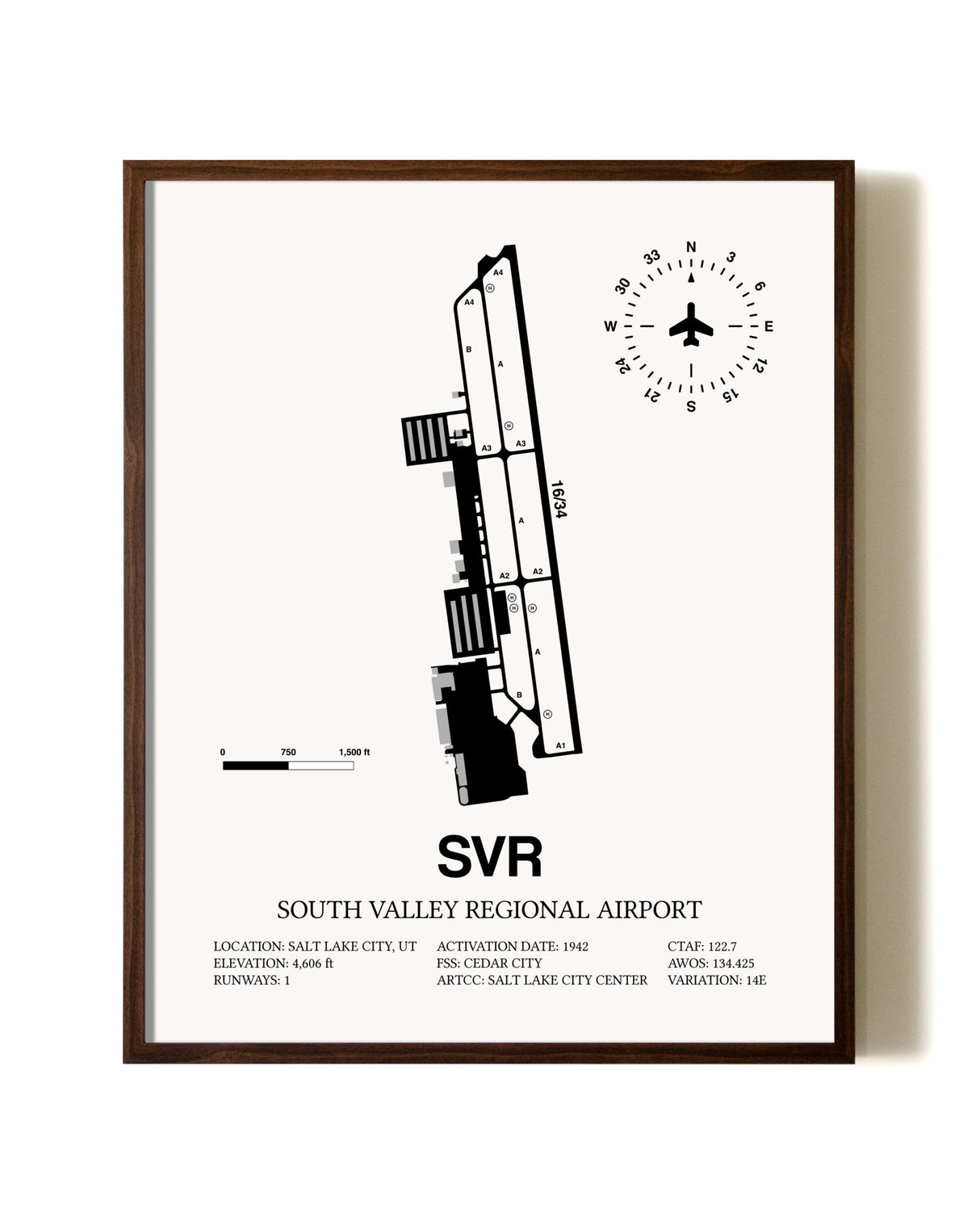 South Valley Regional Airport aviation print in walnut frame