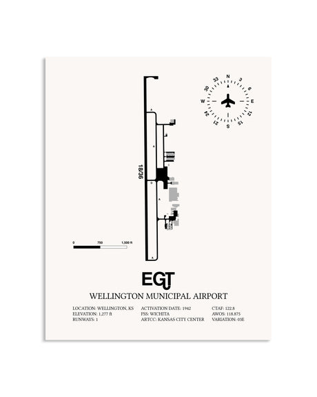 Gray Wellington Municipal Airport framed poster displayed in an airplane hangar