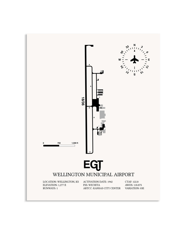 Gray Wellington Municipal Airport framed poster displayed in an airplane hangar
